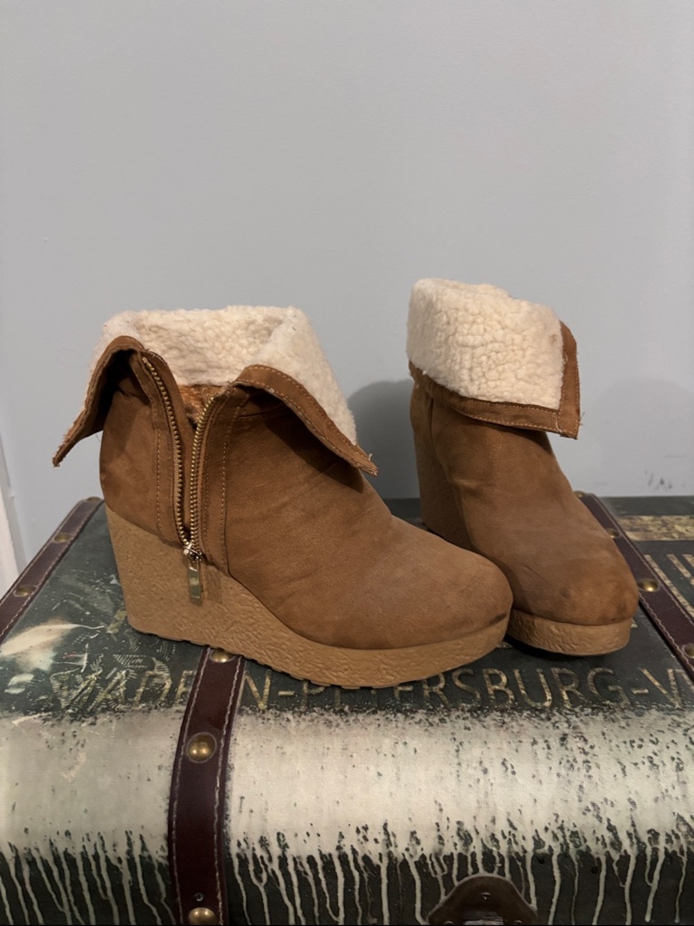 Women's Bamboo Tan Wedge Ankle Boots with Faux Fur Collar